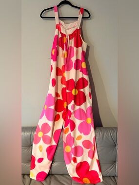 bold retro‑floral wide‑leg jumpsuit, size M